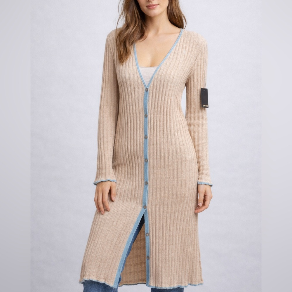 🆕🌾SWTR Ribbed Knit Long Cardigan Dress Beige Blue Trim Button Front Size M Casua